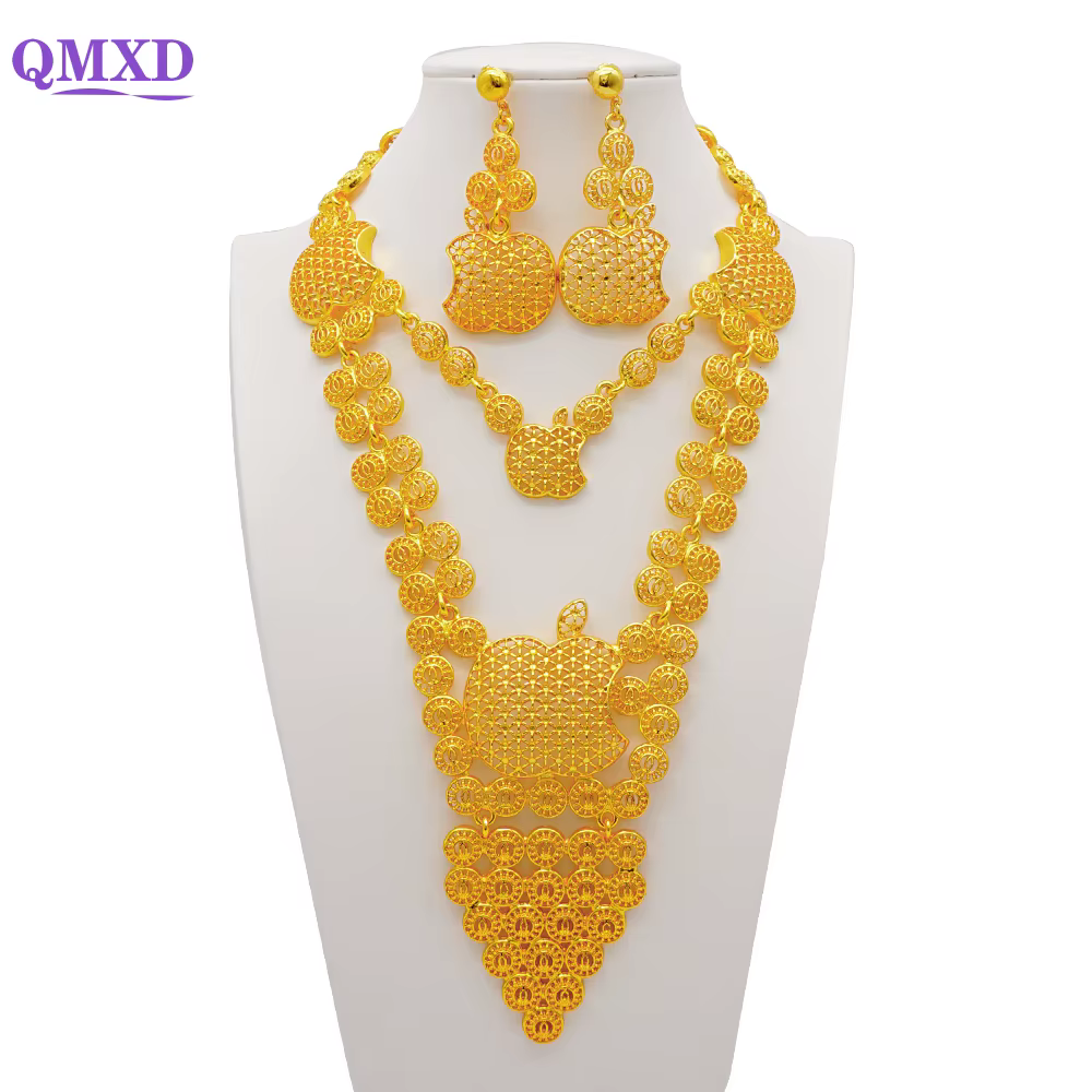 Ensemble de Bijoux en Or de Dubaï pour Femme, Collier, Bracelet, Boucles d'Oreilles, Bague, Patients
