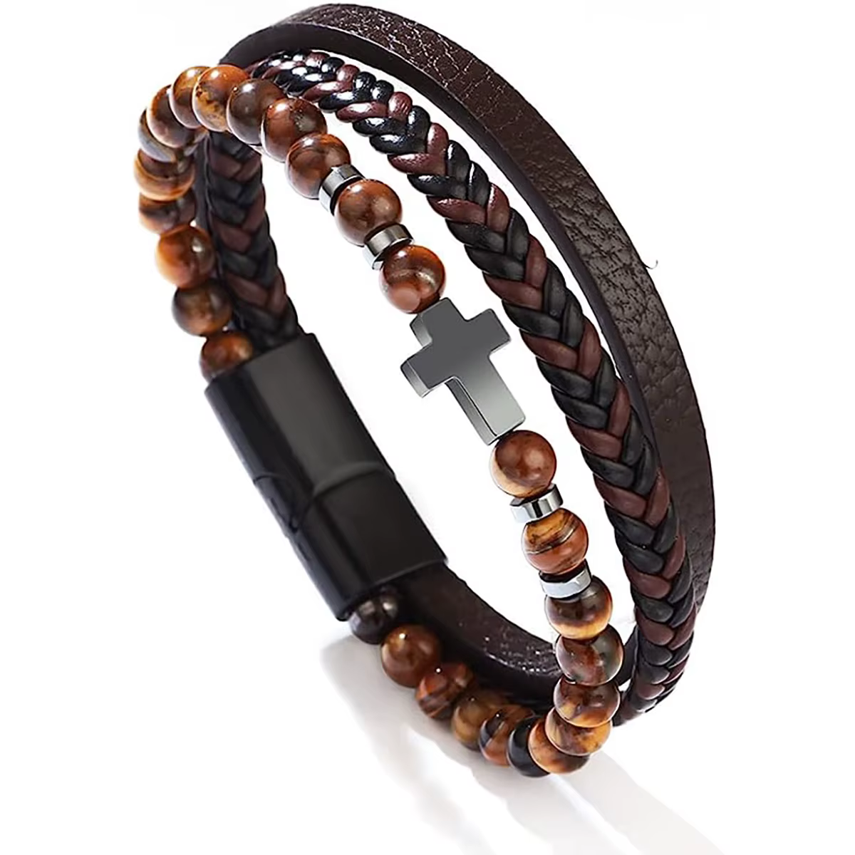 Bracelet en cuir multicouche Vintage pour hommes, Punk, breloque croisée, œil de tigre, perles en pi