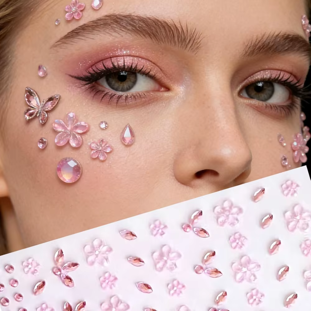 Autocollant de tatouage facial floral, strass autocollants couleur unie, bijoux faciaux, décorations