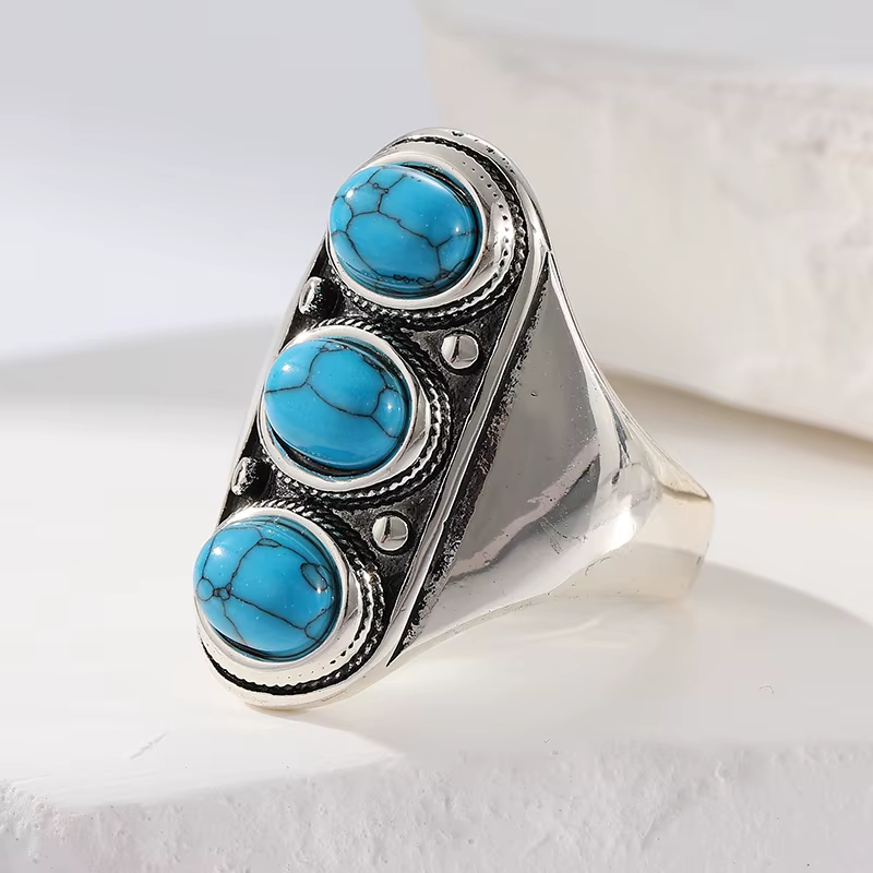 Bague vintage en turquoise couleur argent, faite à la main, style bohème, pour femme, bijoux décontr
