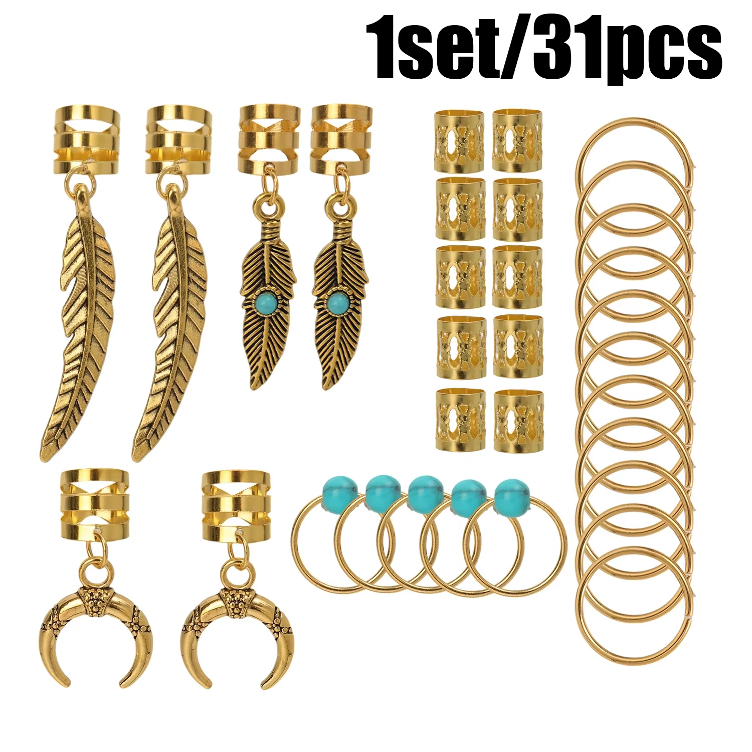 31 pièces/ensemble bijoux de cheveux tresses accessoires or argent tresse Clips métal Dreadlock perl