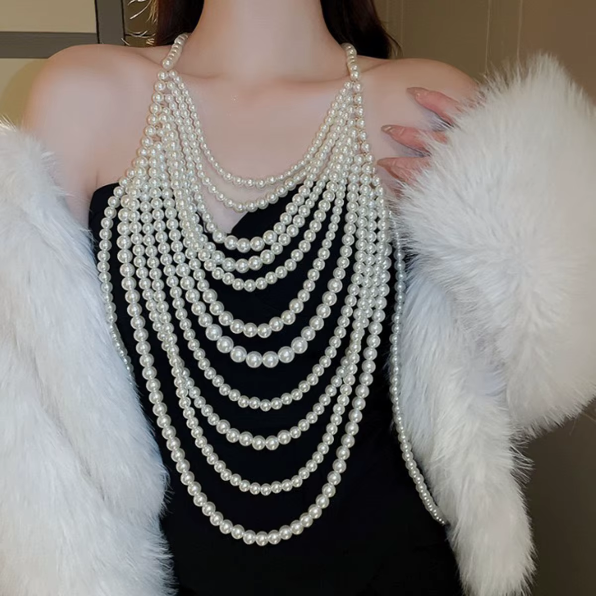Chaîne de corps de mariée multicouche ondulée perlée faite à la main de luxe, collier de dos en faus
