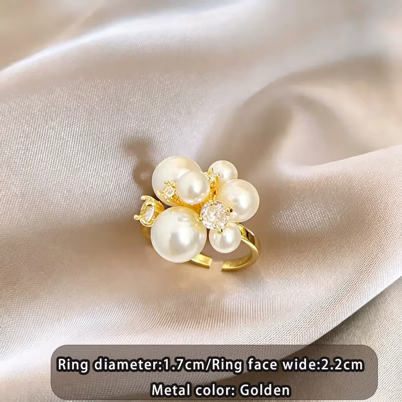 Bague ouverte en forme de fleur en zircon et perle, couleur or, style romantique français, pour femm