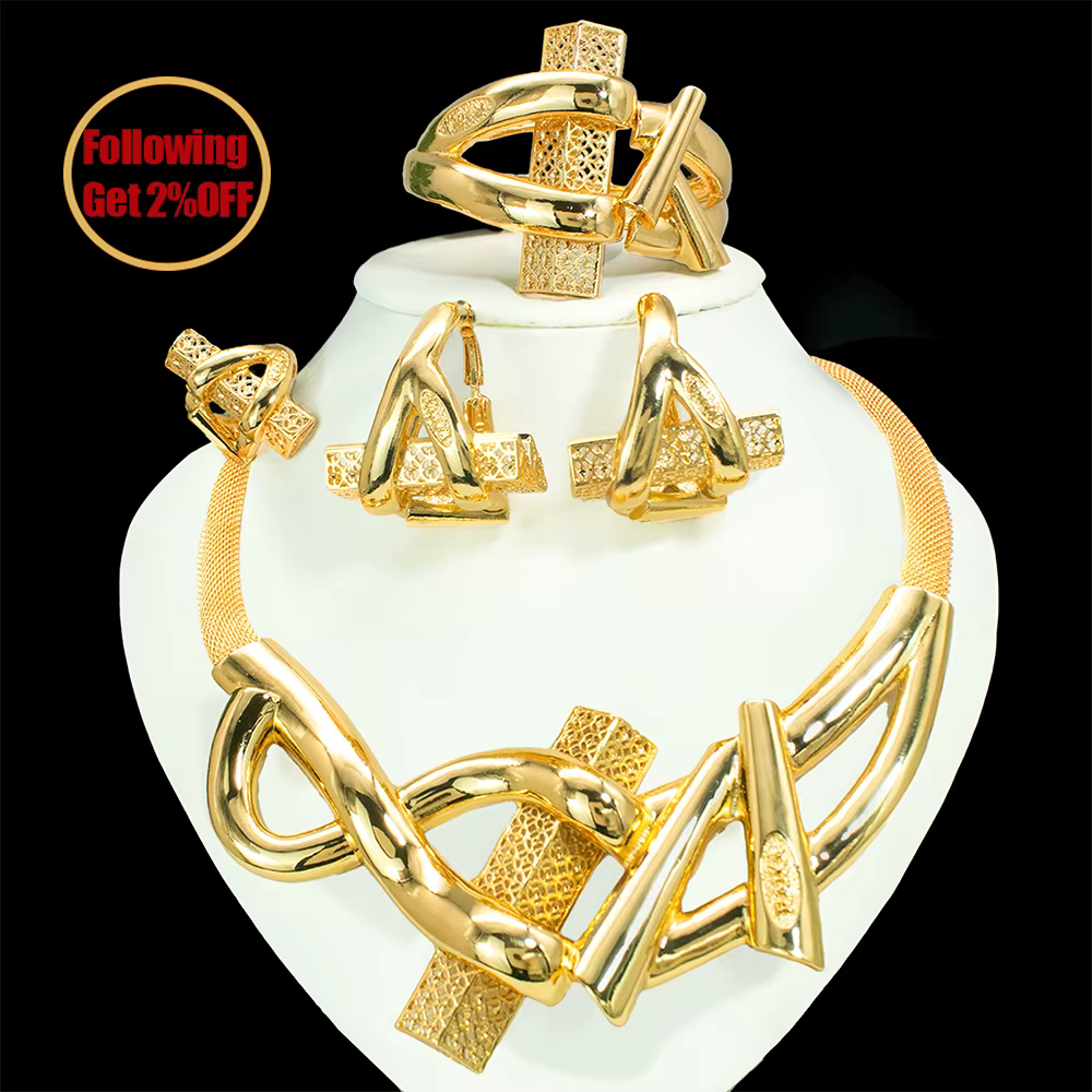 GZJPEI 2026 Nouvelle Parure de Bijoux Géométriques de Luxe, Accessoires de Bijoux Plaqué Or 18K pour
