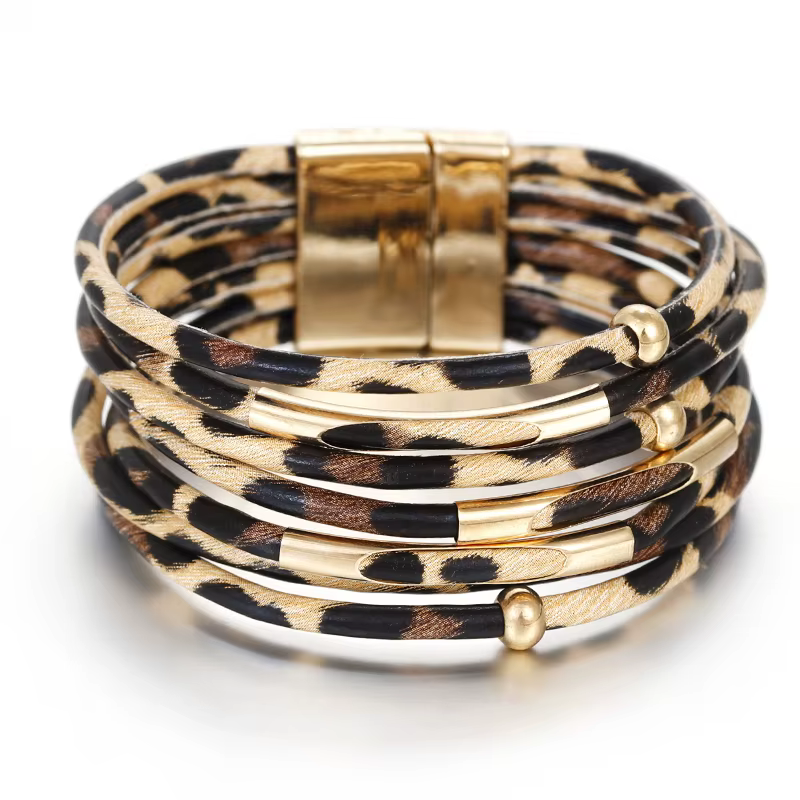 ALLYES Bracelet en cuir léopard bijoux mode femmes Tube en métal dames large Boho multicouche Bracel