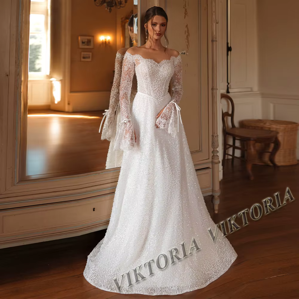 Robes de mariée VIKTORIA magnifiques avec des perles pour femme, robe de mariée A-LINE, nœud, col ro