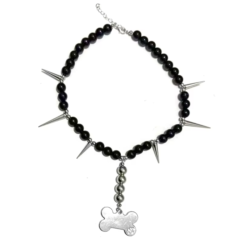 Collier gothique avec pendentif en os et perles noires pour femmes, accessoires Cool, Punk, cristal 