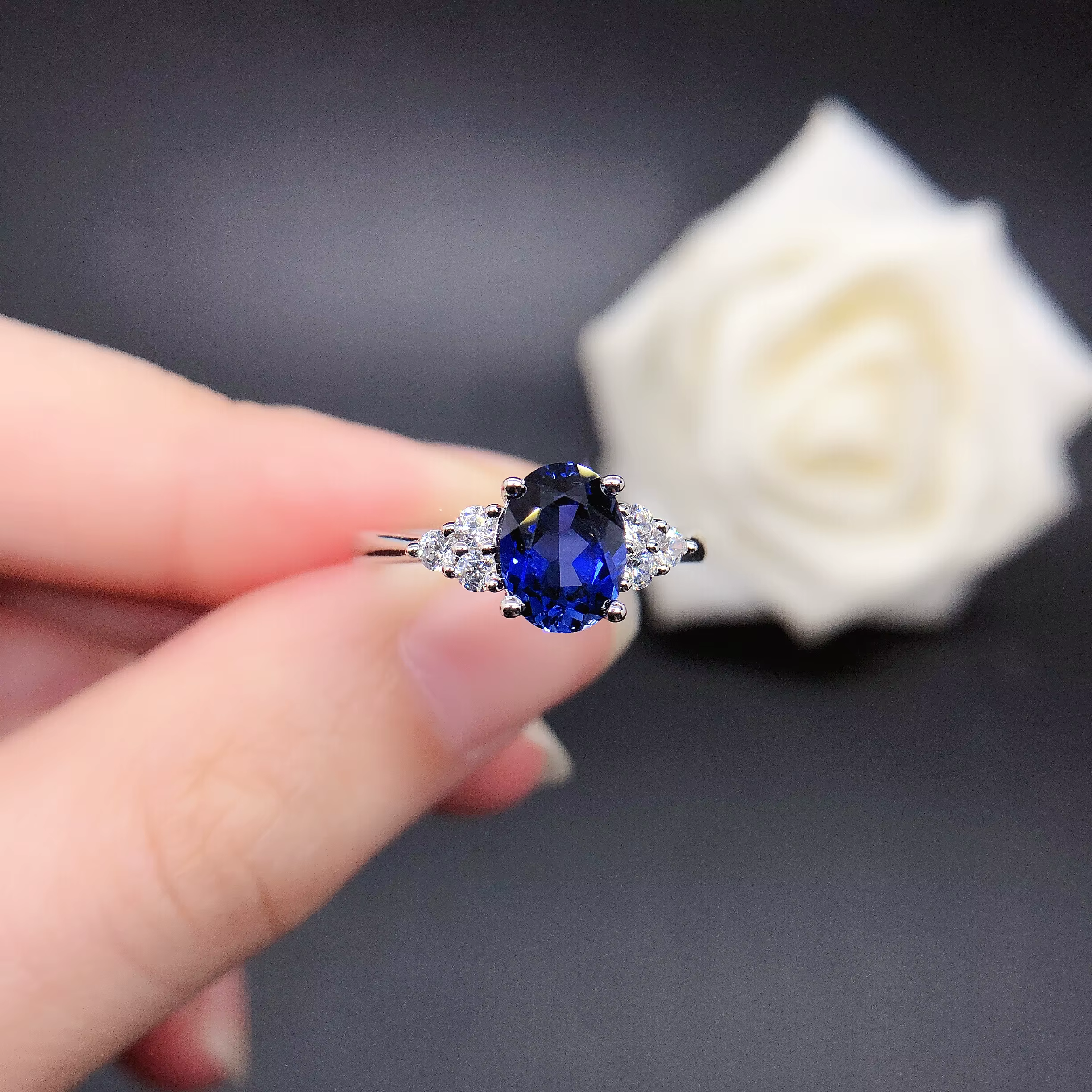 Bague de fiançailles en or blanc 14 carats pour femme, 1,5 ct, saphir naturel, diamant, beau cadeau 