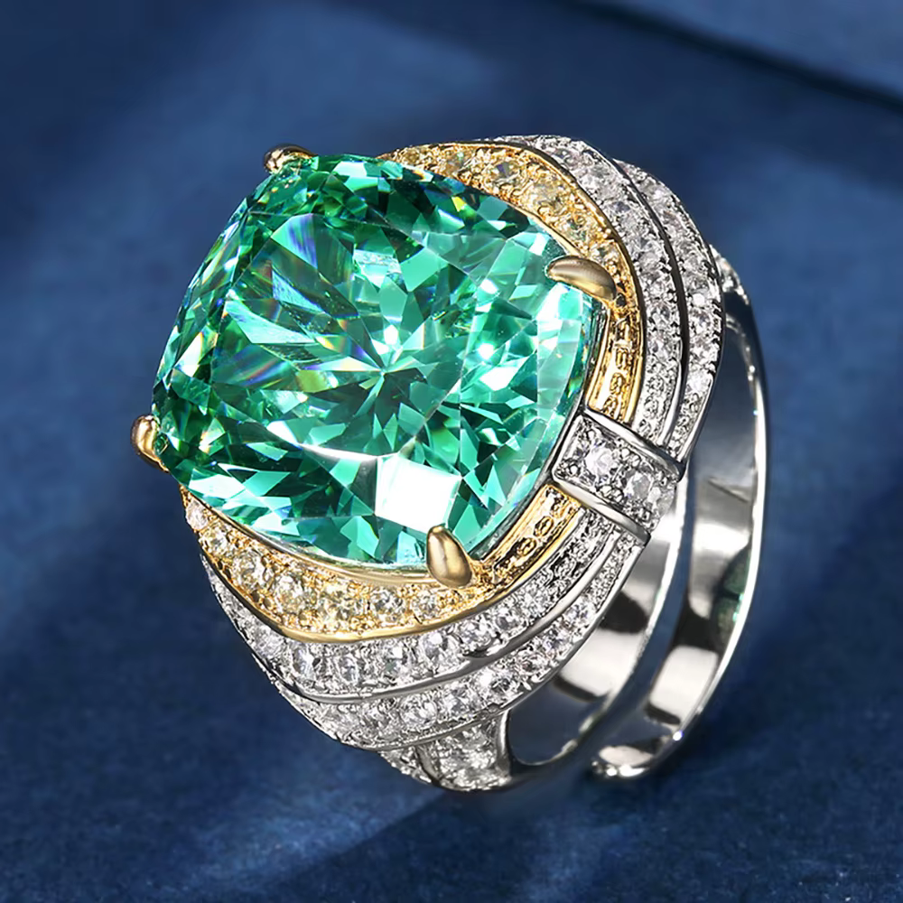 Bague rétro en diamant de laboratoire de Tourmaline verte Paraiba, 14x16MM, pierres précieuses, bijo