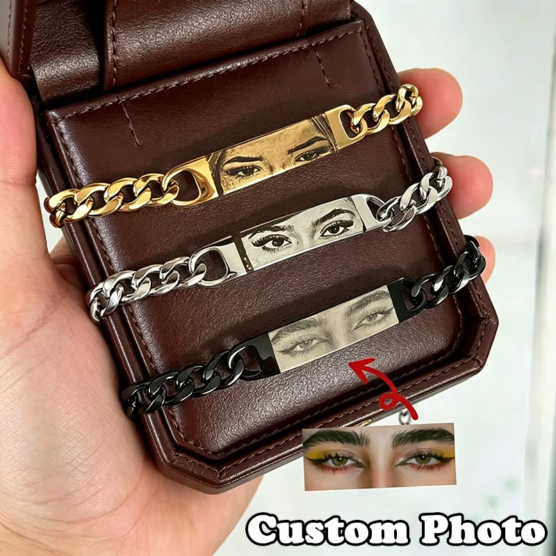 Bracelet de Couple avec Photo gravée personnalisée, image d'oeil gravée au Laser sur chaîne en acier