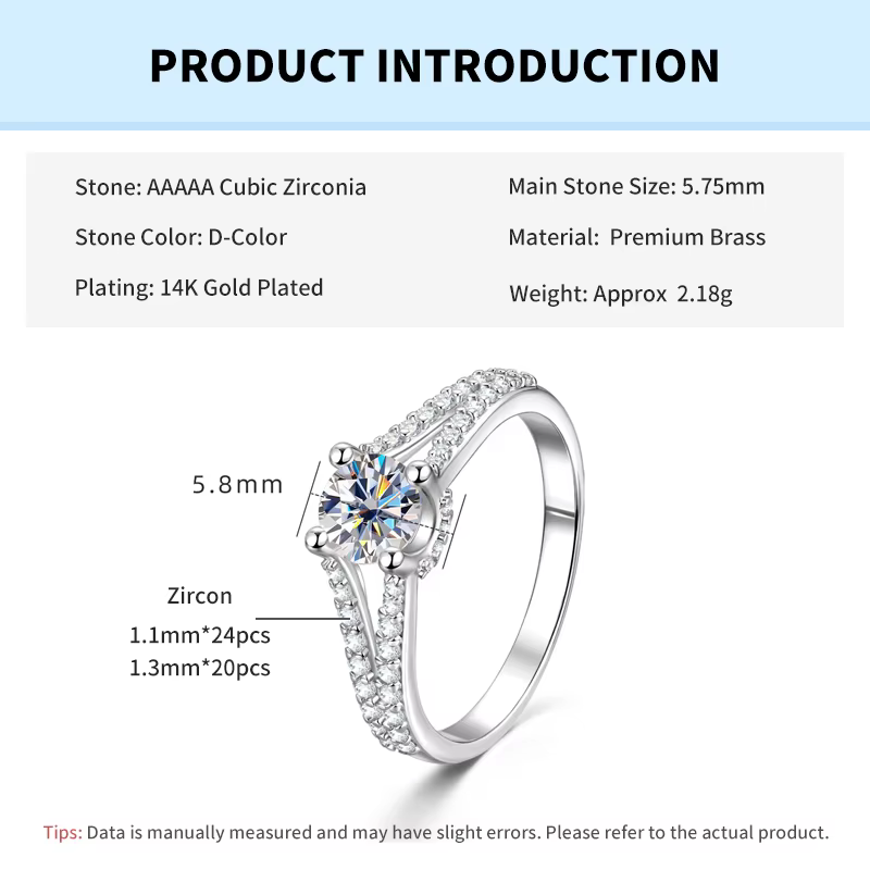 Rrjzz Bague de fiançailles et de mariage en or plaqué 14 carats avec zircone cubique ronde de 0,7 ca