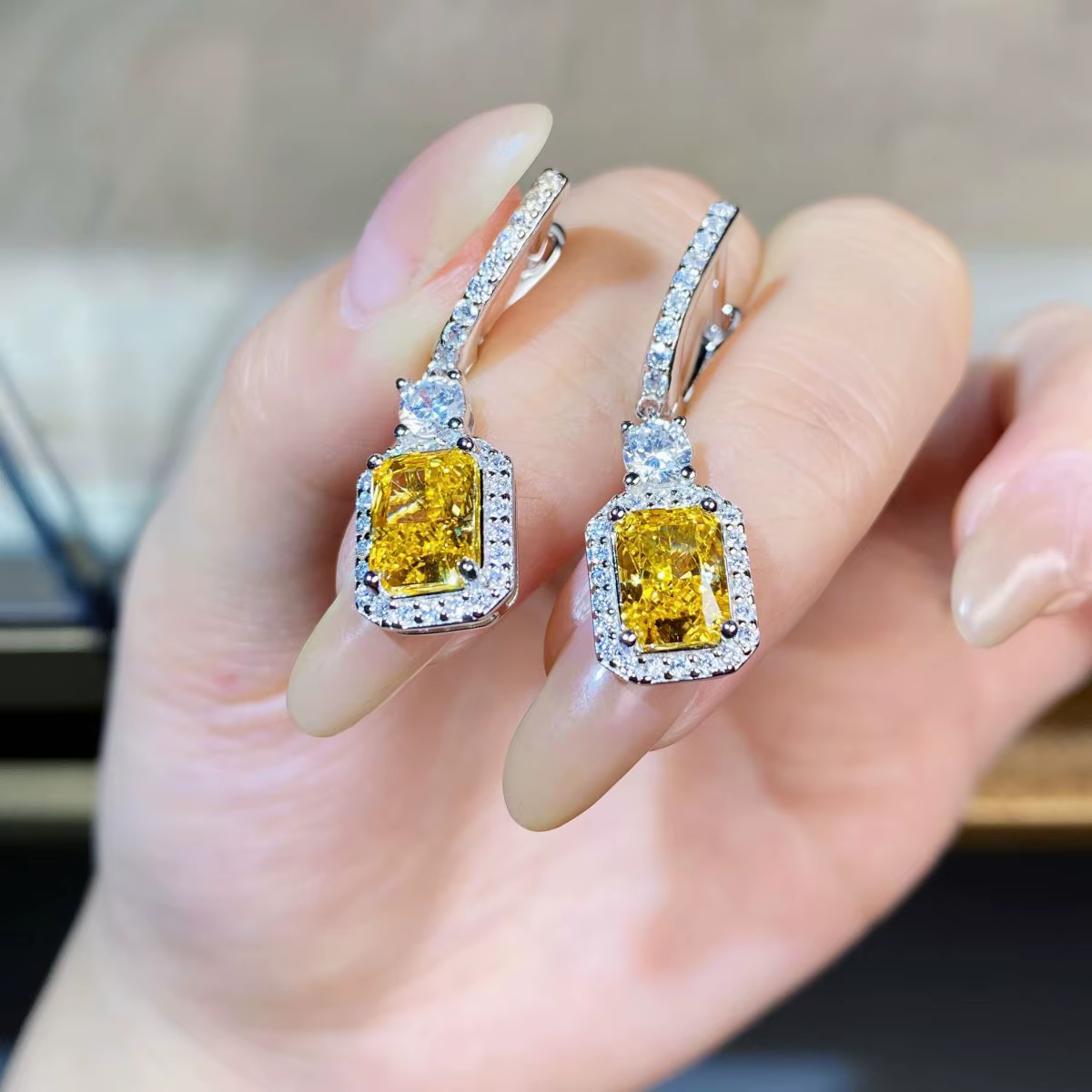 Boucles d'oreilles de luxe en or blanc AU750, 2CT/pièce, pierres précieuses jaunes, boucles d'oreill