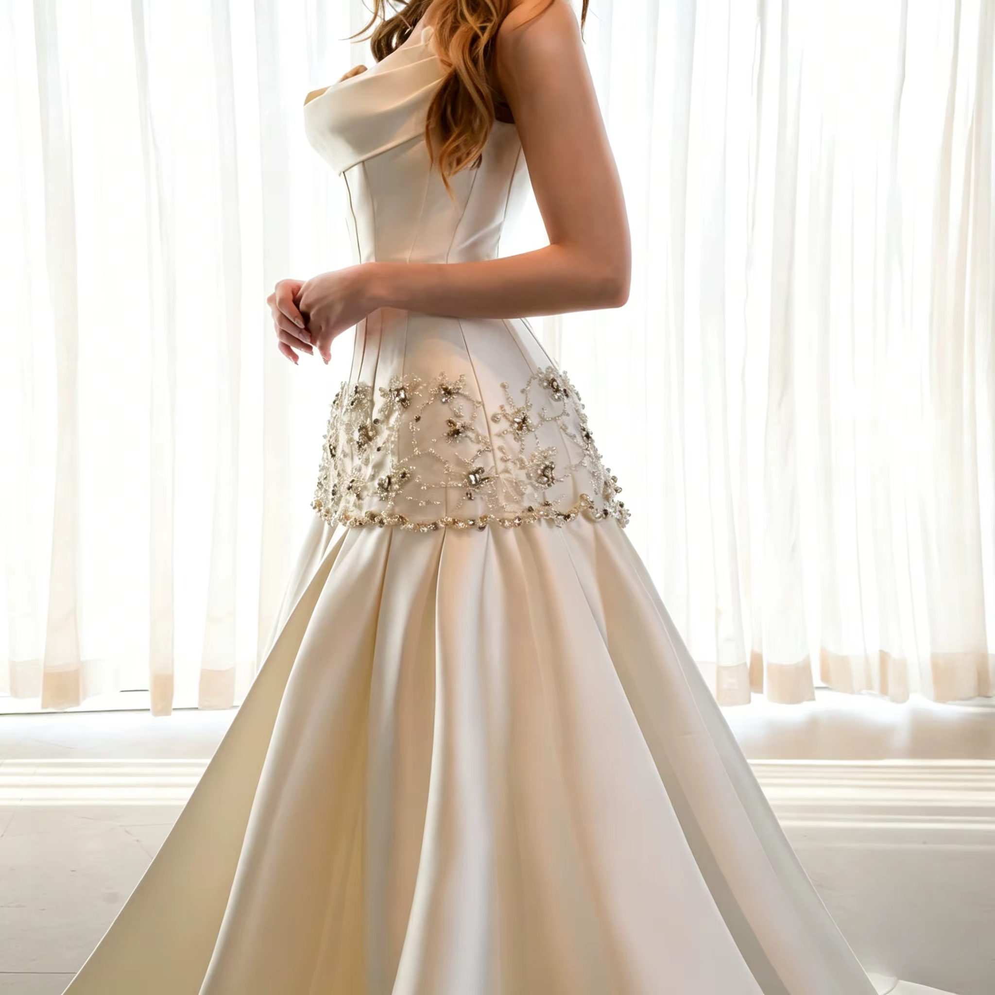 Robe de mariée blanche moderne avec décolleté sans bretelles drapé, corsage structuré, ornée de stra