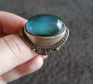 Bague Statement Cabochon Bleu-Vert Style Argent Tibétain Vintage avec Cadre Perlé Tribal Ovale Bohèm