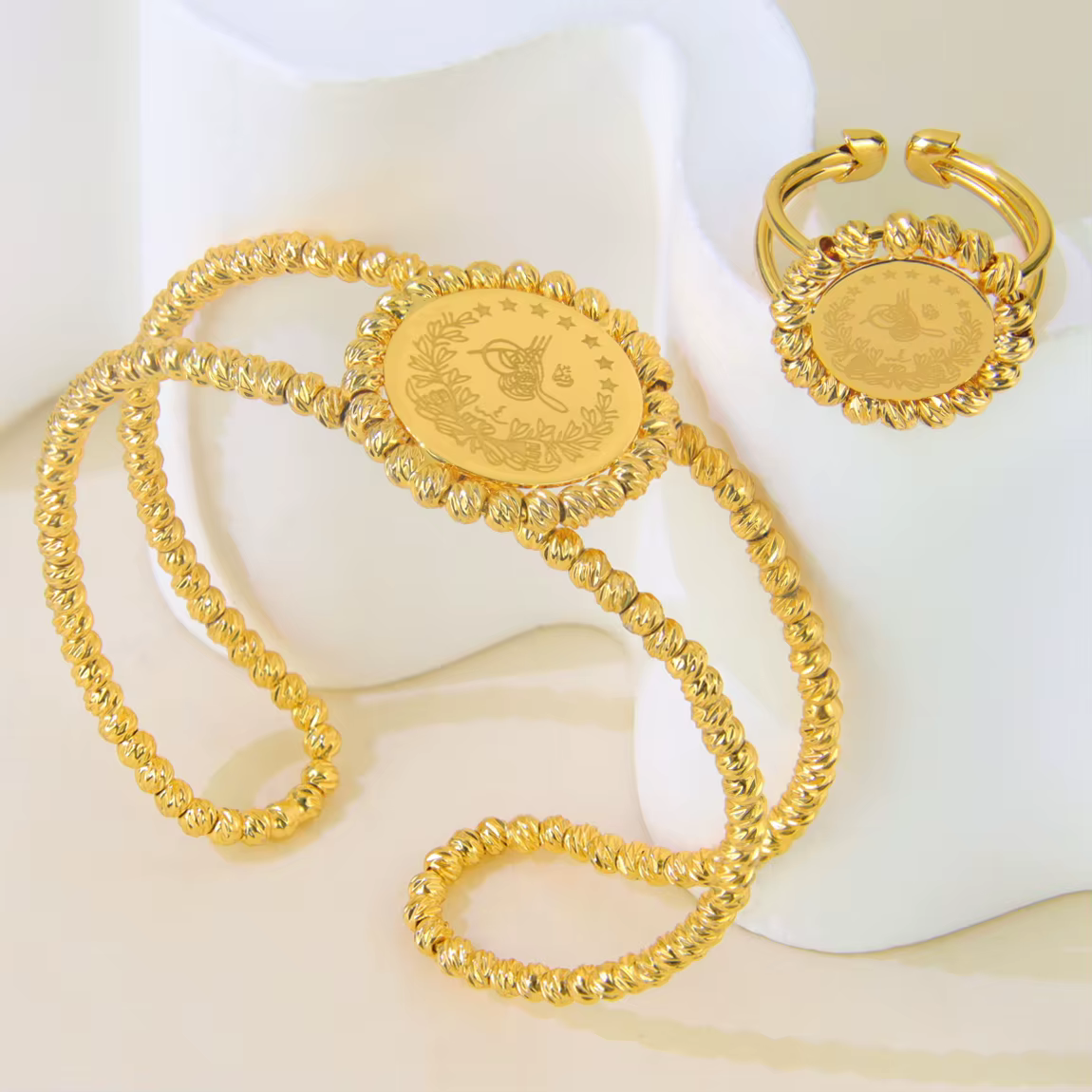 Ensemble de bijoux à breloques de pièces de monnaie turques de luxe, plaqué or 24 carats, bracelets