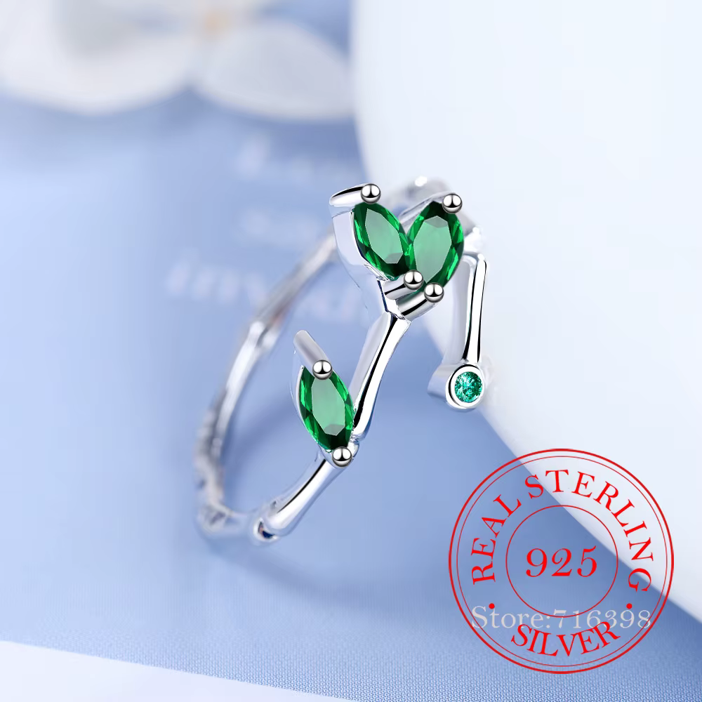 Bagues en cristal de feuille de bambou vert pour femmes, bijoux de luxe en argent Sterling 925, à la