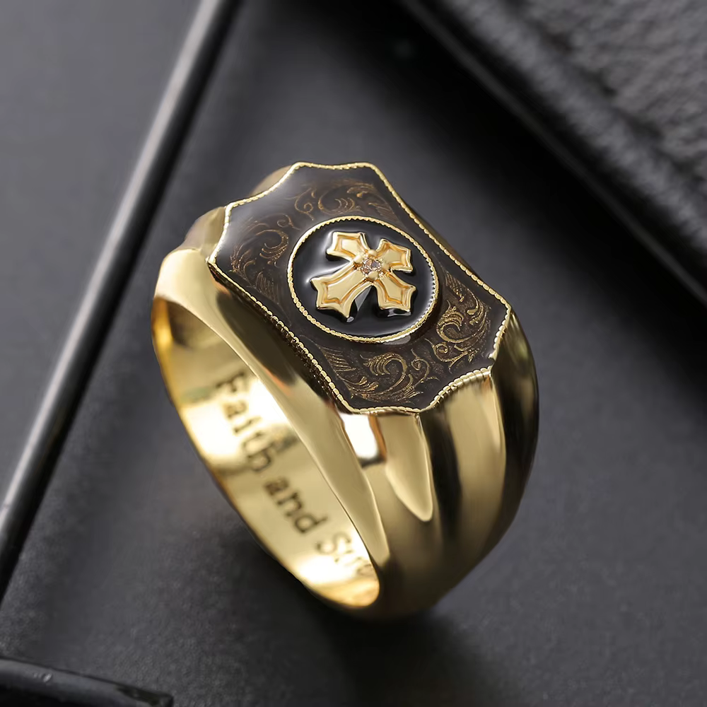 Bague pour homme de style punk inspirée des célébrités - Bague en agate noire en forme de croix symb