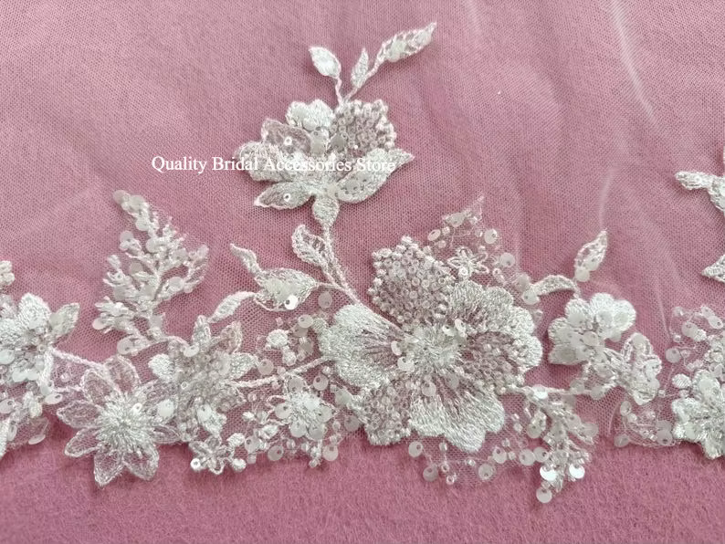 Voile de mariée en dentelle florale perlée, Voile cathédrale, Voile à sequins, Voile en dentelle ivo
