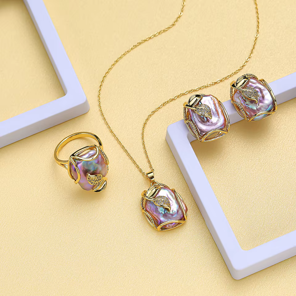 Ensembles de colliers de perles d'eau douce naturelles pour femmes, bague pendentif, boucles d'oreil