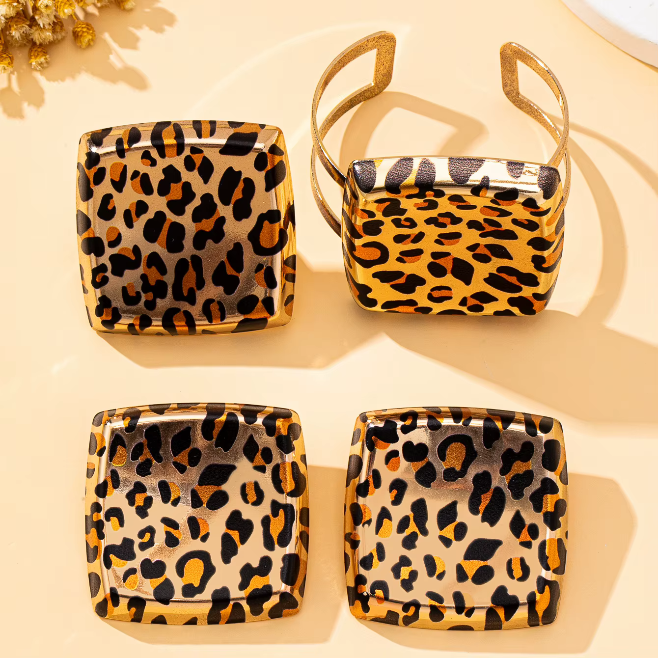 Ensemble de bijoux pour femmes, boucles d'oreilles, bagues, bracelets imprimés léopard sexy carrés g