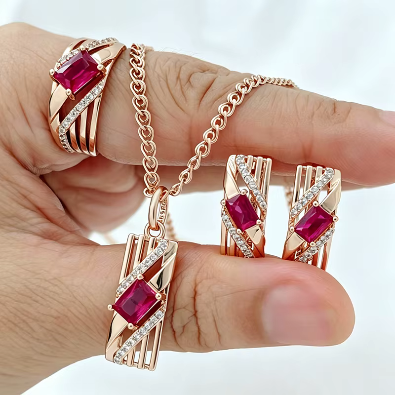 Kinel – ensemble de bijoux en Zircon naturel rouge brillant pour femmes, bague, boucles d'oreilles, 