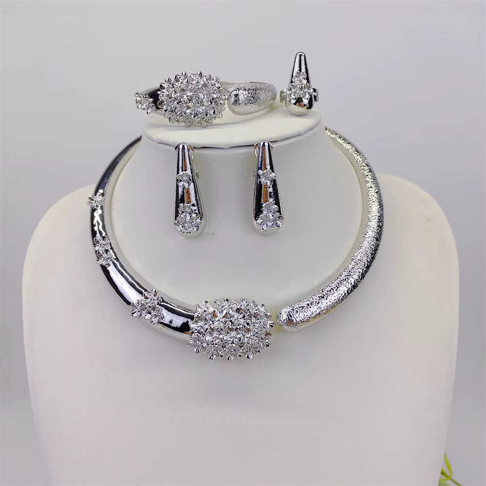 Ensemble de bijoux de luxe pour femmes africaines, plaqué argent, 4 pièces, collier, boucles d'oreil
