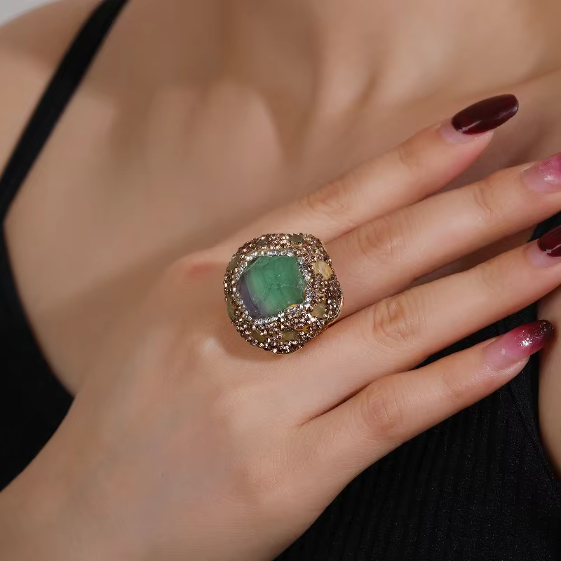 Bagues en cristal de Fluorite verte naturelle pour femmes, bijoux de déclaration personnalisés, pier