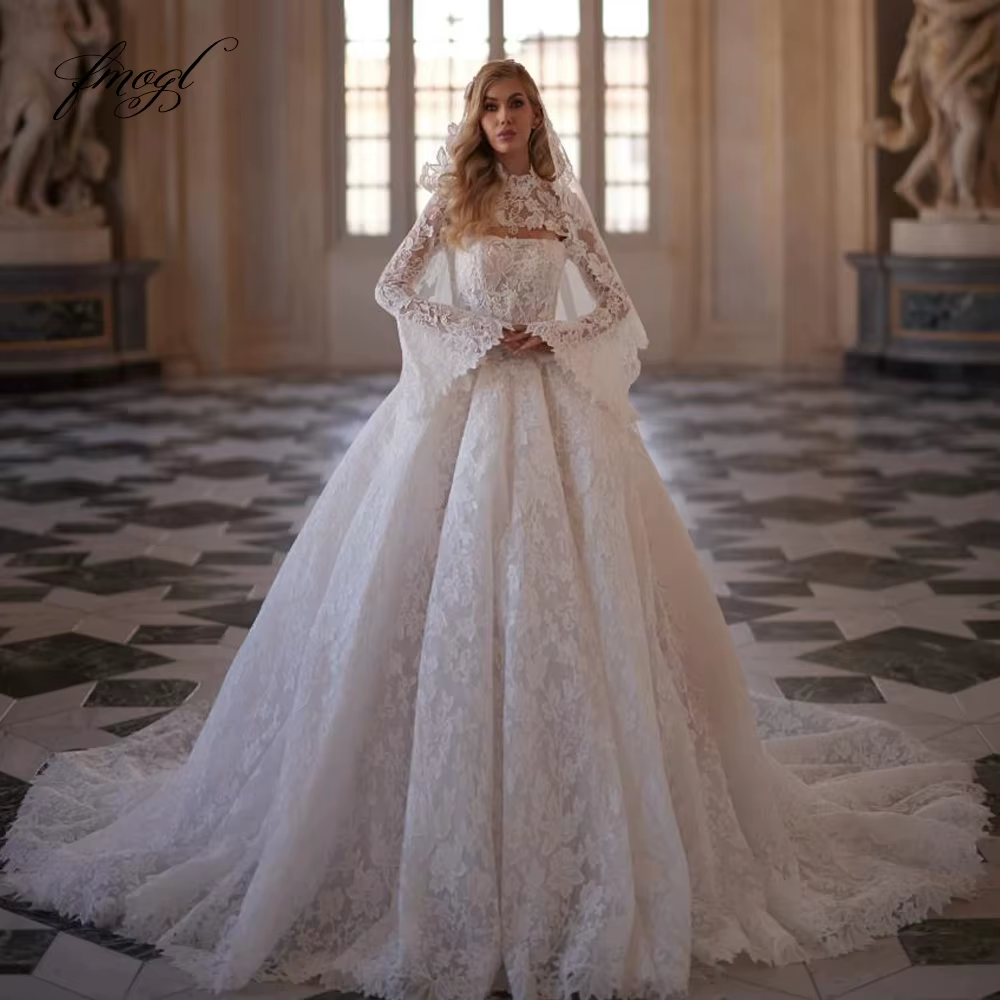 Robe De mariée trapèze délicate personnalisée, col haut, manches longues, dentelle brodée, Robe De p