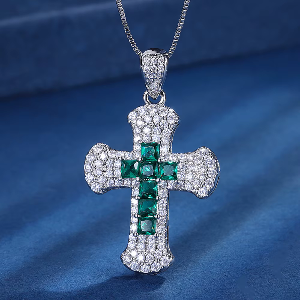 Collier pendentif croix émeraude adrenSapphire pour femme, pierre précieuse de laboratoire, diamant,