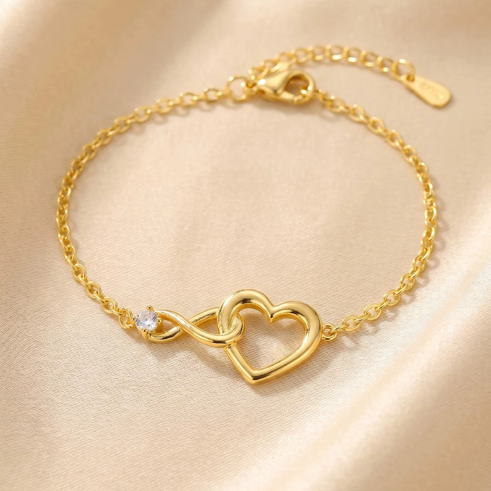 Bracelet Cœur Infini pour Femme, Chaîne à Breloques en Zircon Couleur Or, Bijou Romantique Réglable