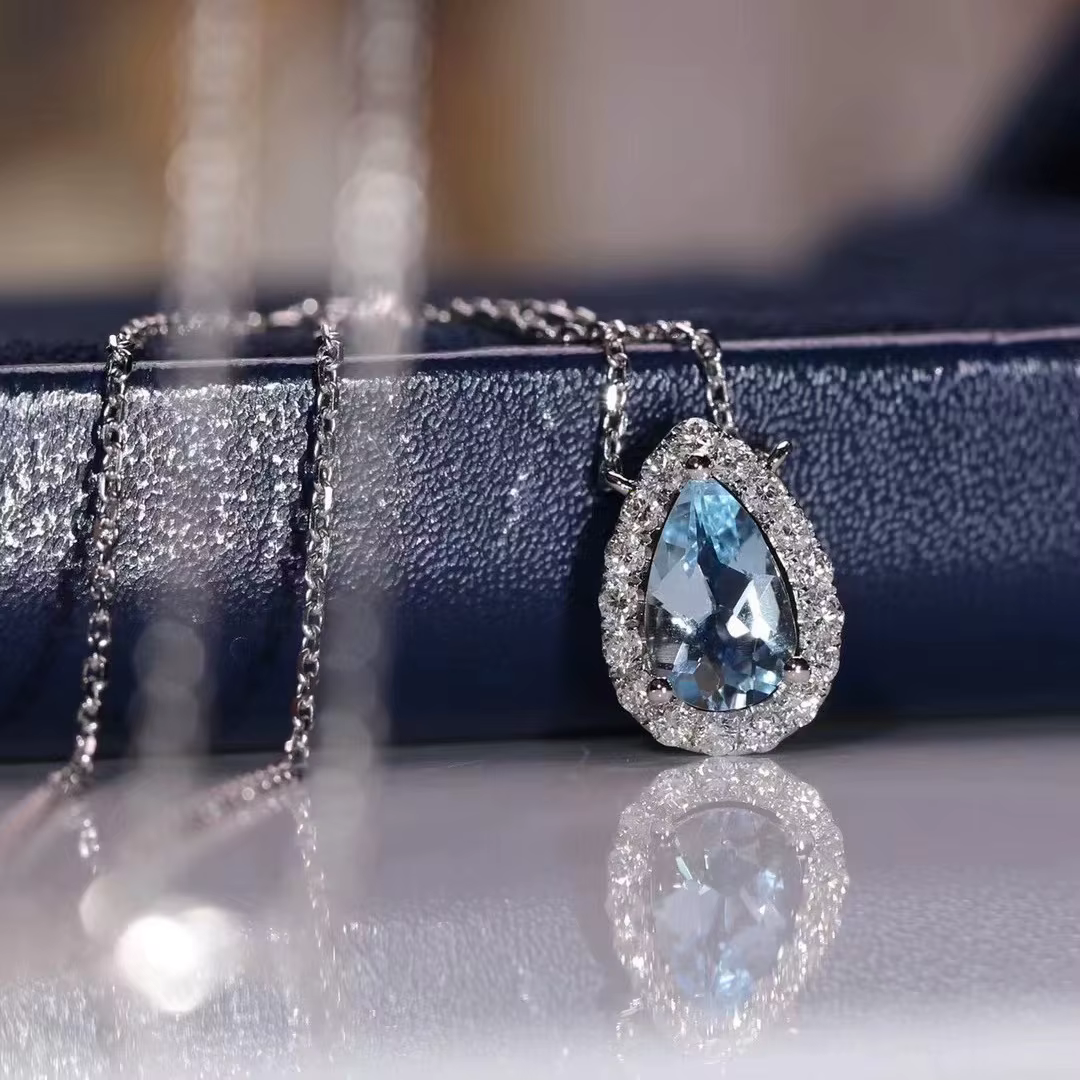Collier aigue-marine en argent 925 frais et étincelant pour femmes, élégant, bleu clair, pendentif g