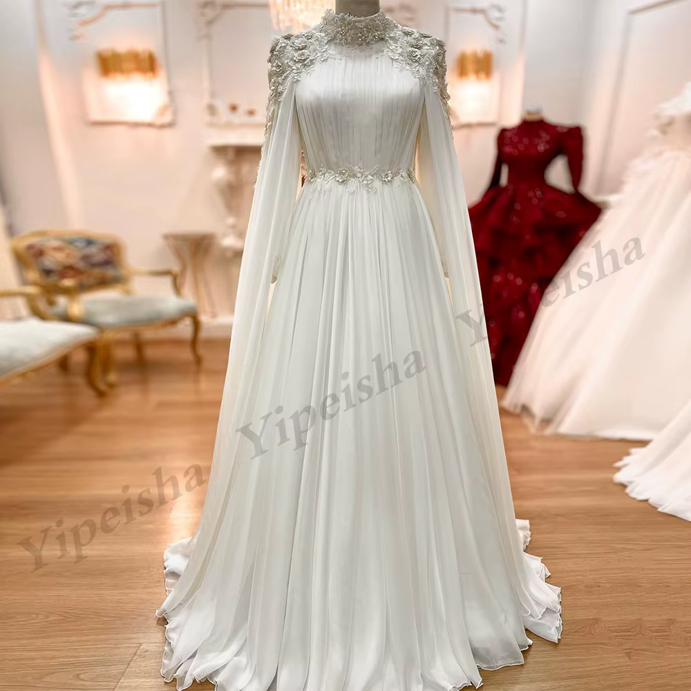 Robe de Mariée en Mousseline de Soie à Manches sulf, Col Haut, Fleurs 3D Appliquées, Perles, Ligne A
