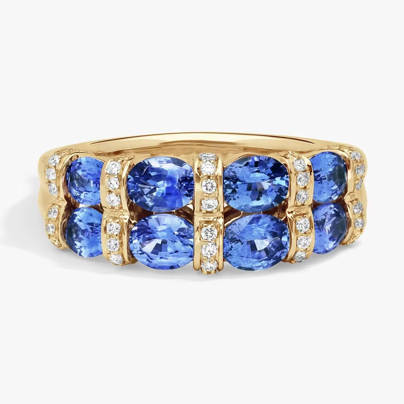 Bague en or jaune 9K/14K/18K avec saphir ovale et diamant rond de laboratoire, double rangée, style 