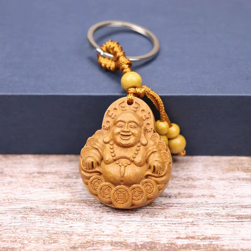 Bois naturel acajou gravure tridimensionnelle Guanyin baril porte-clés bouddha porte-clés bijoux cad