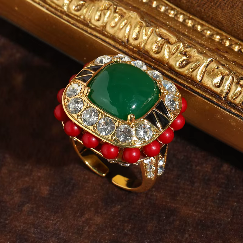 Bague vintage verte couleur or pour femme, pierre rouge carrée, strass, zircon, bijoux de luxe, haut