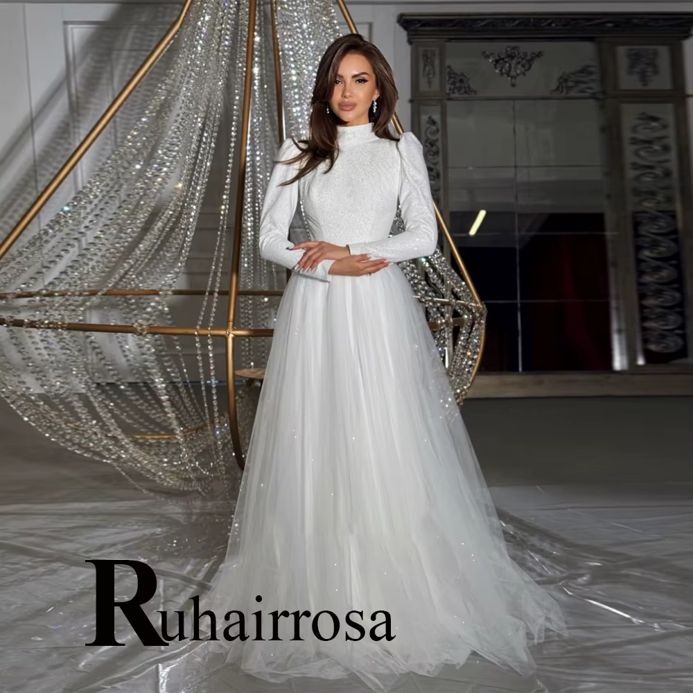 Ruhair Robe De mariée élégante pour mariée col haut a-ligne dos nu Tulle manches bouffantes Robe De 