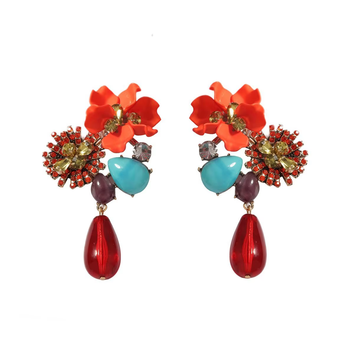 Boucles d'oreilles pendantes vintage baroque avec fleurs incrustées, en résine et zircon, design uni