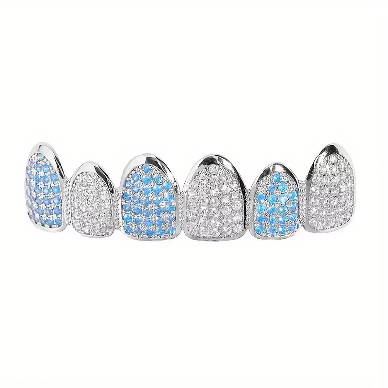 Grillz dentaire HipHop Bling pour unisexe, en argent, avec zircon cubique bleu, pour dents supérieur