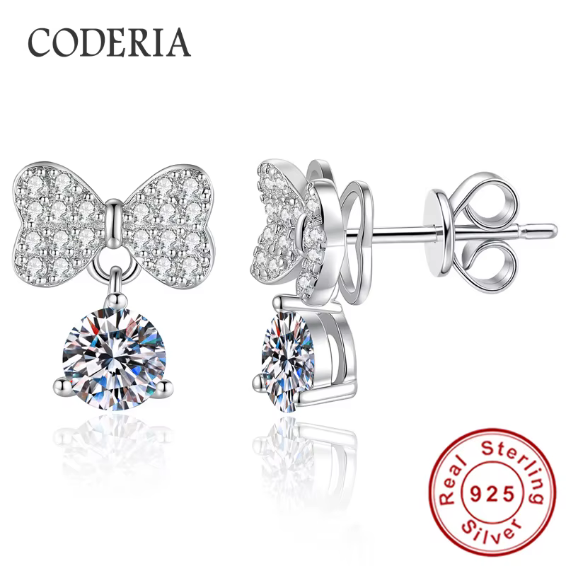 Boucles d'oreilles en moissanite avec nœud papillon, plaquées or blanc 18 carats, argent 925 véritab
