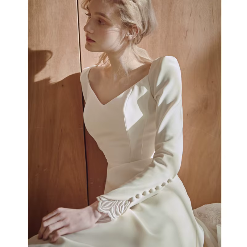 Robe de Mariée Française Légère, Manches sulf, Col en V, Simple, Devant Court, Dos, Drag, Blanc, Ami