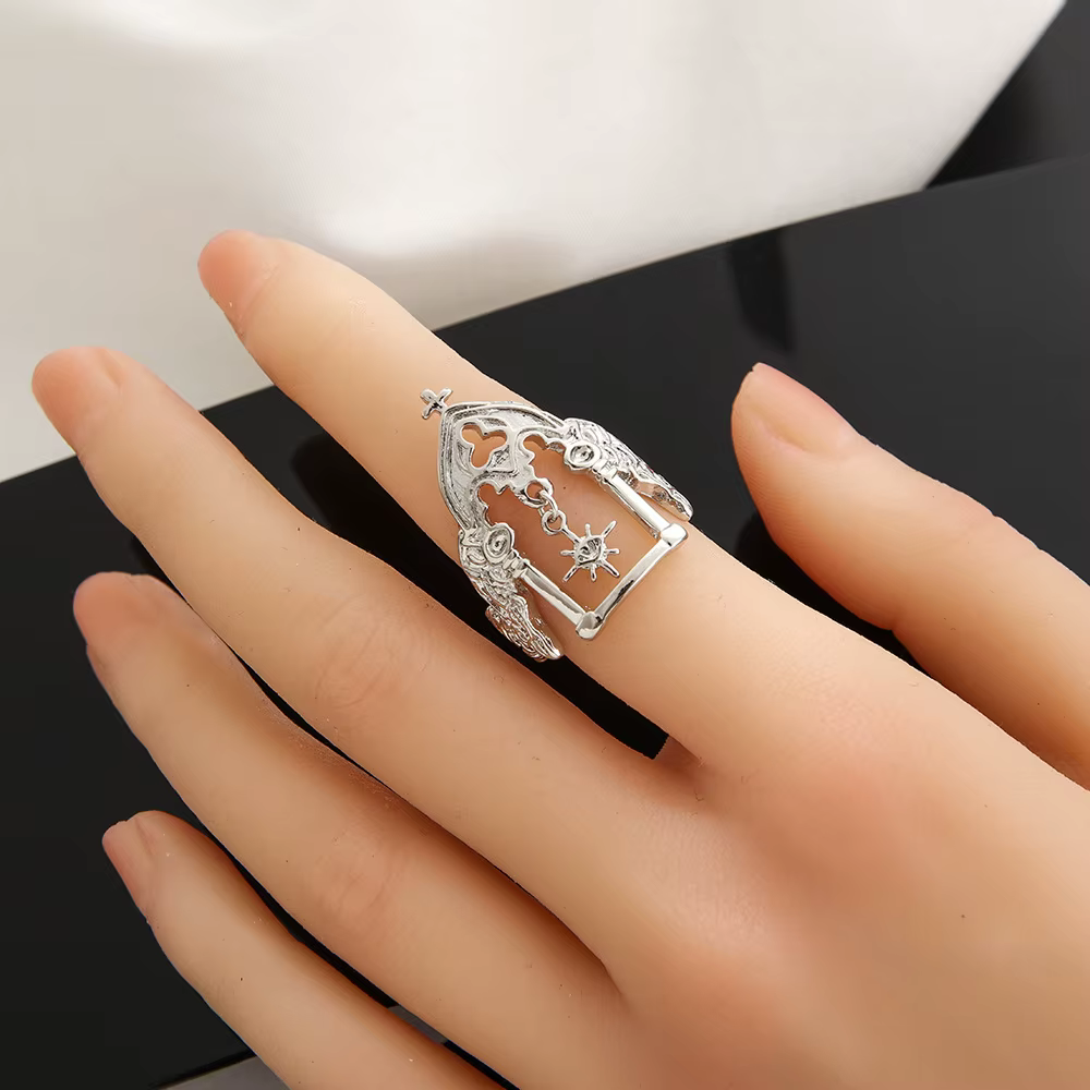 Bague ouverte réglable château médiéval rétro pour femmes, Punk gothique, bijoux de Couple par détre
