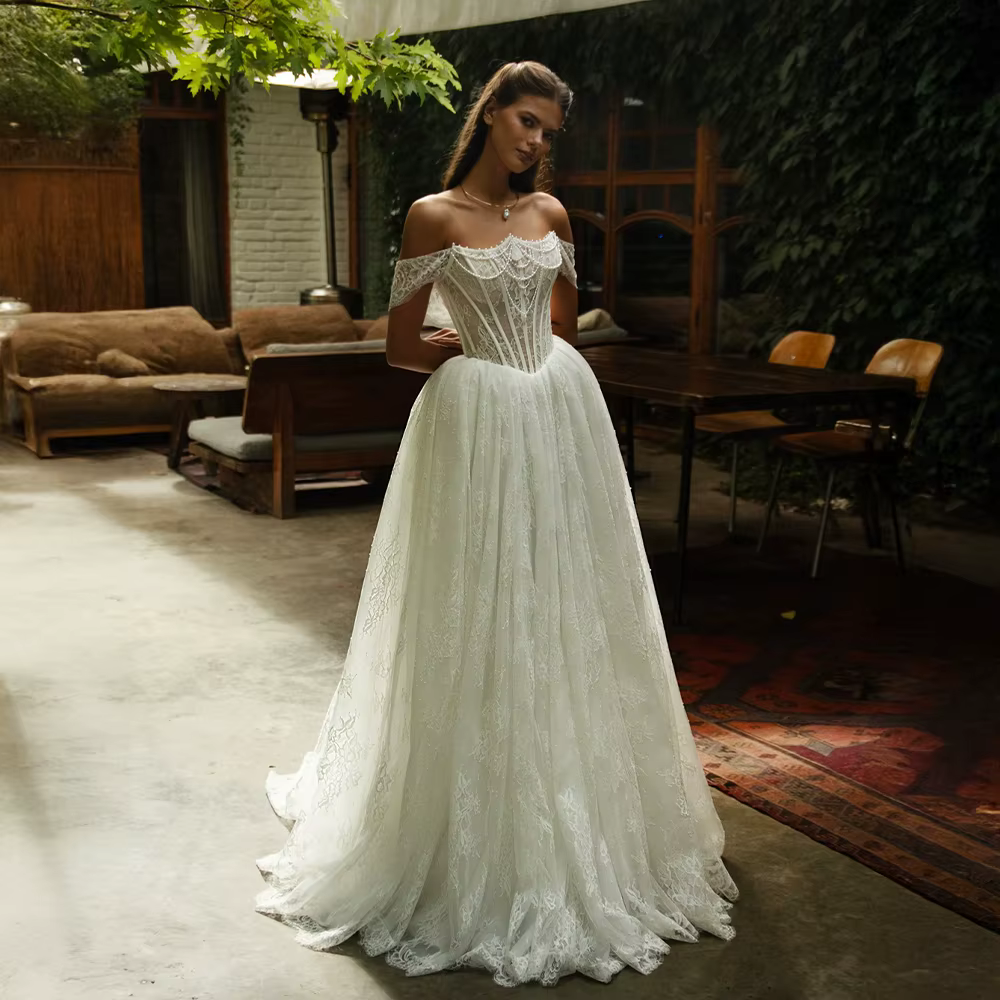 Robe de mariée en dentelle personnalisée, Corset, corsage, avec traîne, robe de mariée formelle pour