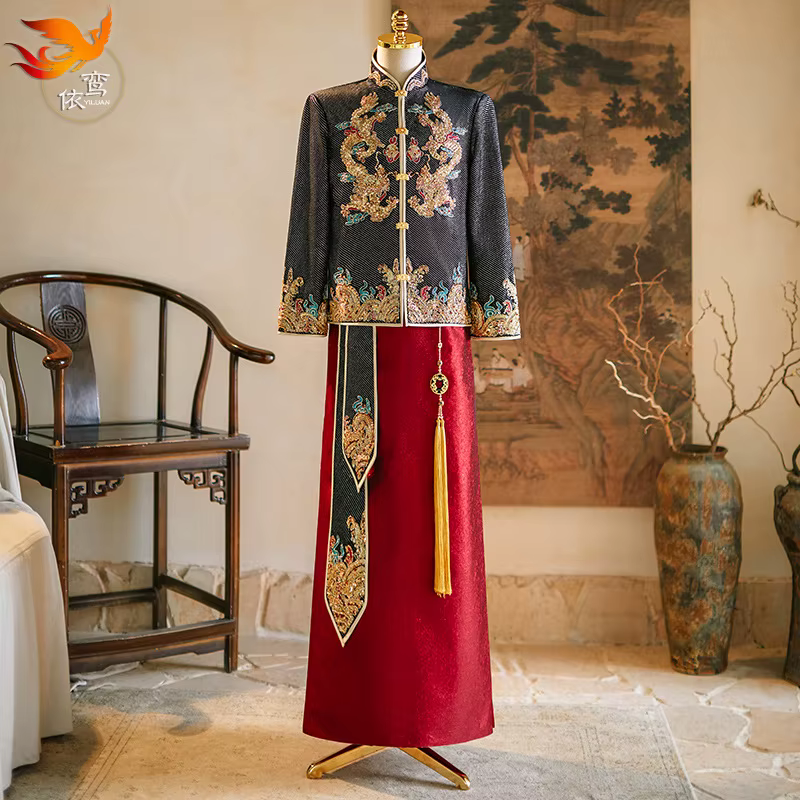 Costume de spectacle de mariage élégant pour hommes, vêtements de marié de Style chinois, manteau Dr