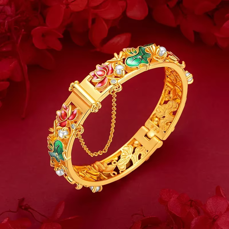 Bracelet en or AU750, design orchidée en émail antique, bracelet à fermoir ouvert incrusté de filigr