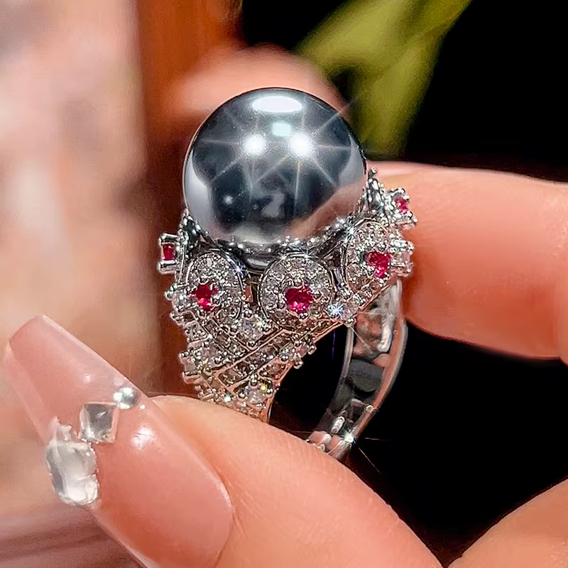Bague en perles rondes réglables de 14mm, avec rubis et Zircon plaqué argent, bague de déclaration V