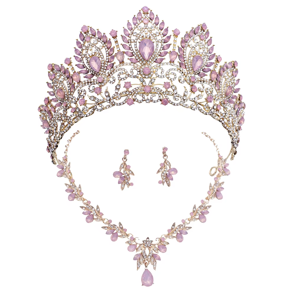 Ensemble de bijoux de mariée rose opale, diadème, collier ras du cou, boucles d'oreilles pour robe d