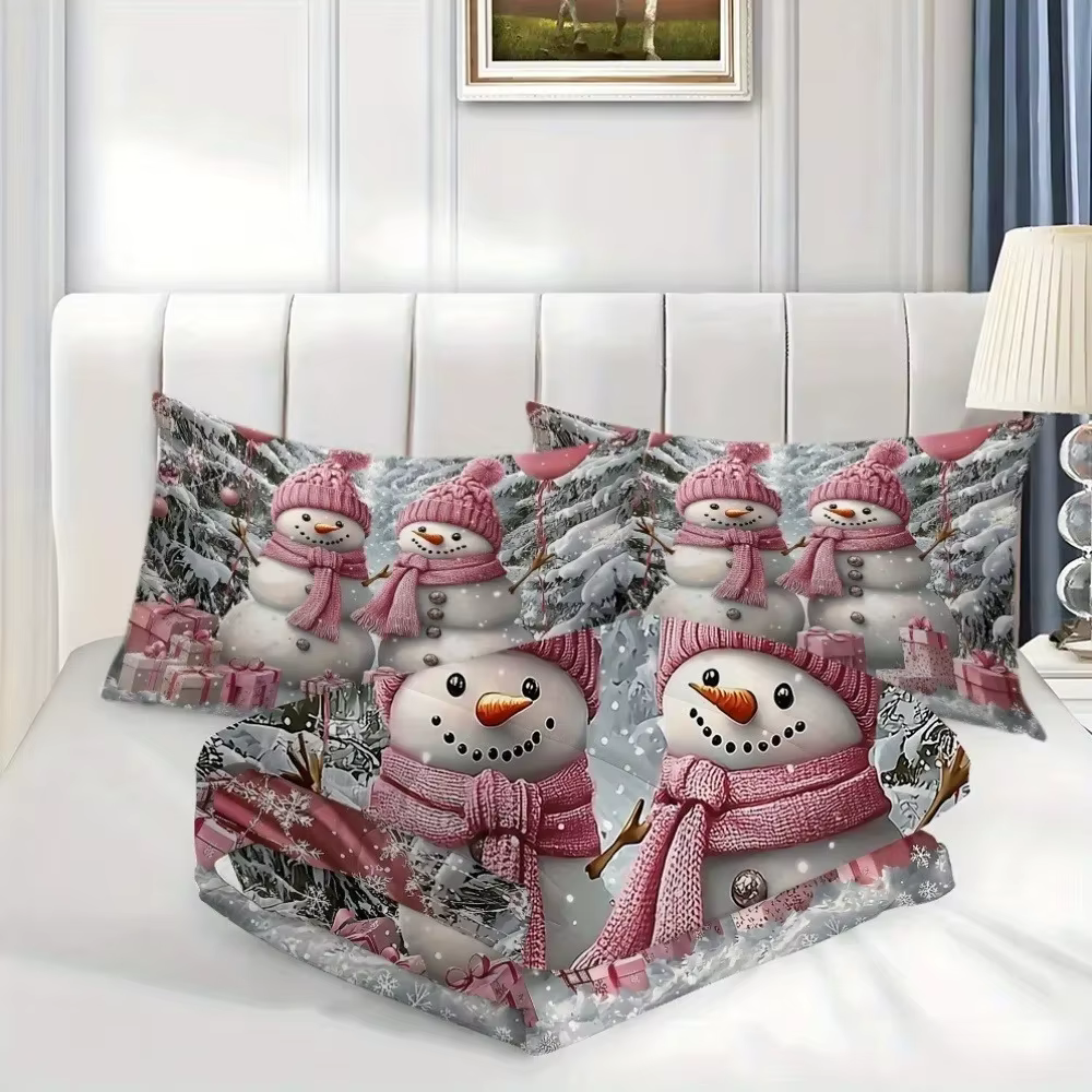 Ensemble de housse de bonhomme de neige de Noël avec chapeaux roses, ensemble de literie en polyeste