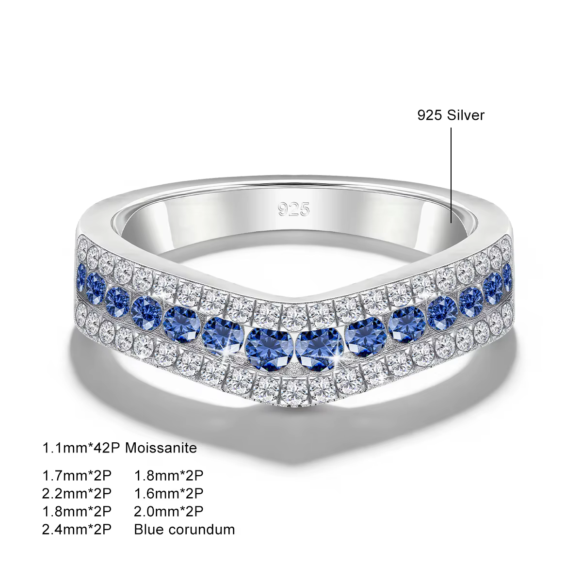 Bague en argent sterling 925 en forme de V incurvée avec corindon bleu et moissanite, alliance de lu