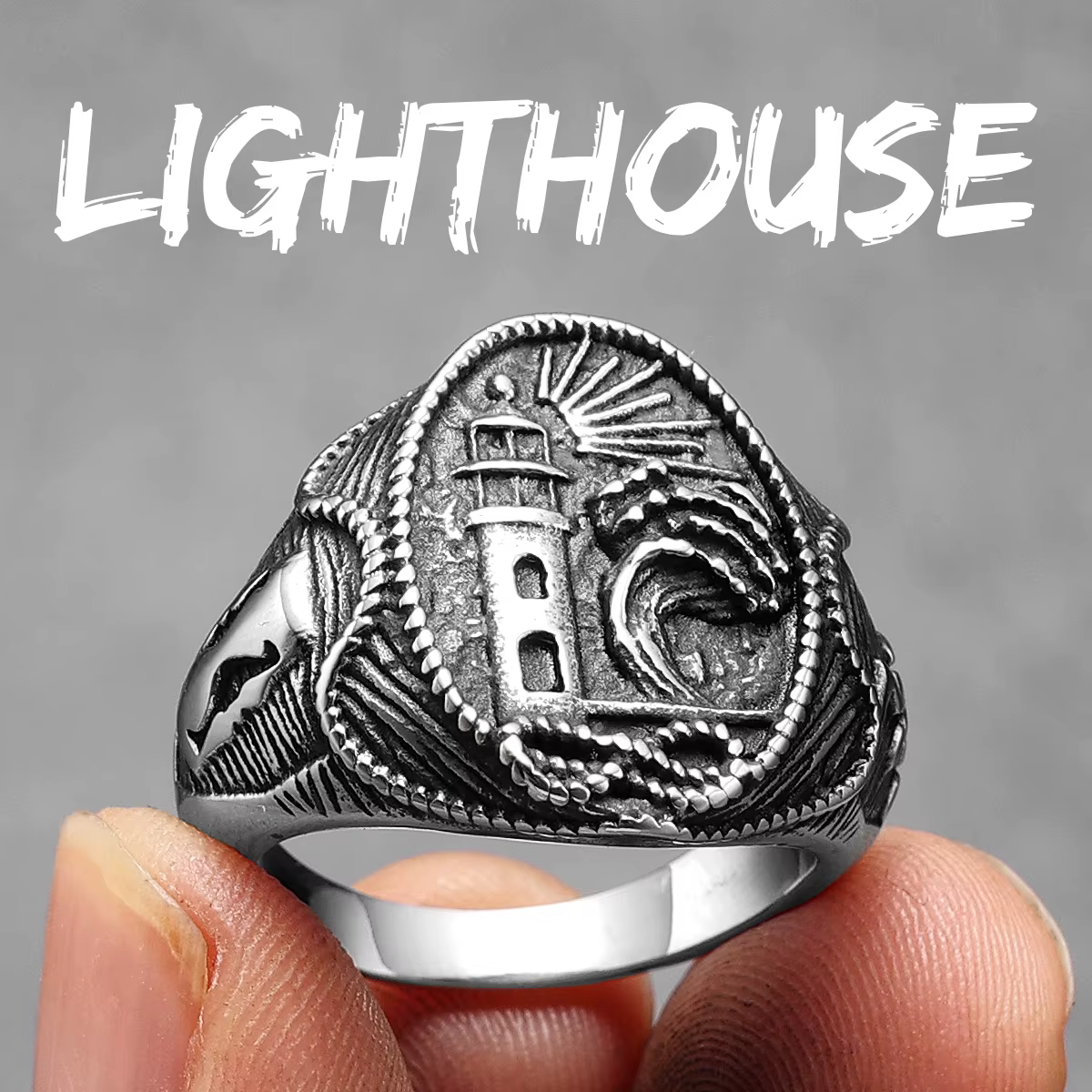 Bagues en acier inoxydable pour hommes et femmes, phare océan marin, bijoux Vintage Punk Rock Cool, 