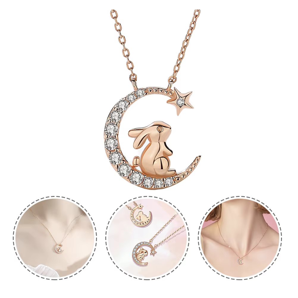 Collier lapin mignon en argent Sterling, pendentif lune en strass, chaîne légère pour femmes et fill